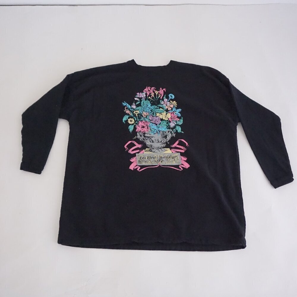 Vintage Black Floral Flowers Basket Graphic Garden Cottagecore Sweater L